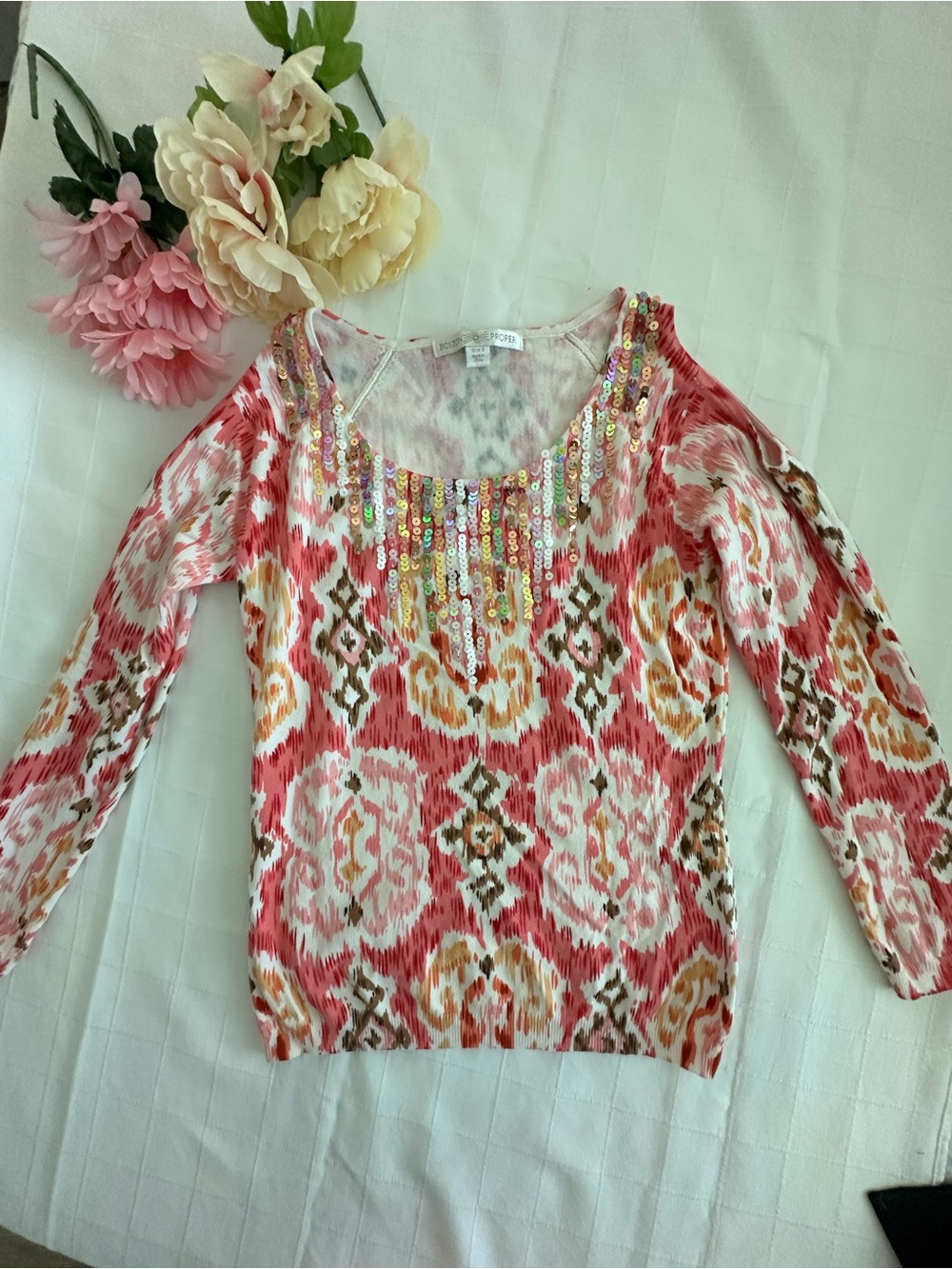 Boston Proper Cold Shoulder Pink Patterned Long Sleeve Top with Sequin Neckline!